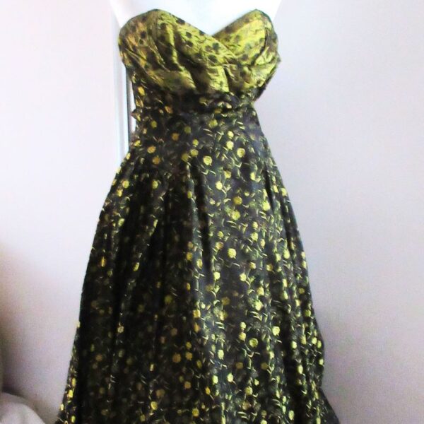 1950s original green and black silk taffeta strapless evening dress